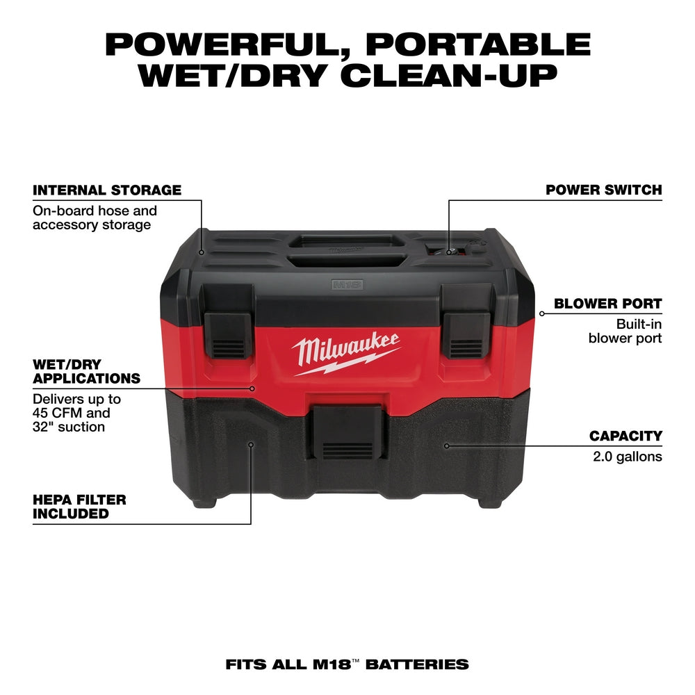 Milwaukee 0880-20BT5 M18 Vacuum w/ XC5.0 Extended Capacity Battery - 2 PK