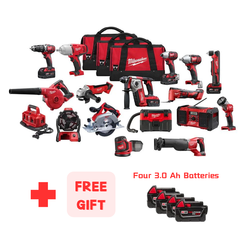 M18 18-Volt Lithium-Ion Cordless Combo Tool Kit (16-Tool) with Four 3.0 Ah Batteries, 1-Charger, 3-Tool Bag